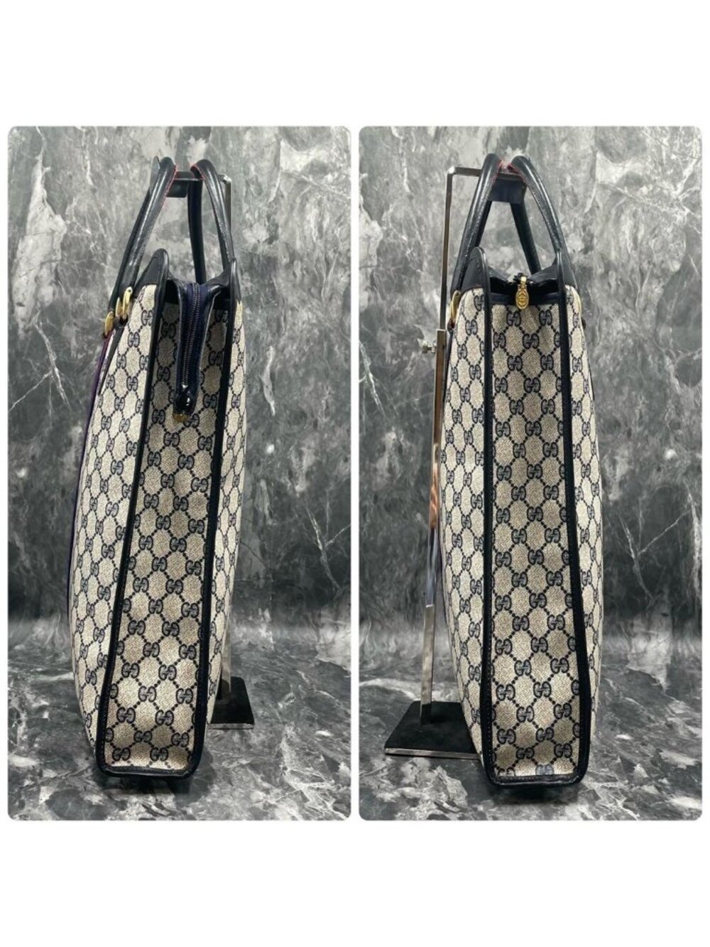 ★SOLD★ Gucci GG Sherry Line Tote Navy Beige Logo - Picture 7 of 10